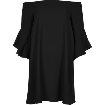 Black bardot bell sleeve swing dress